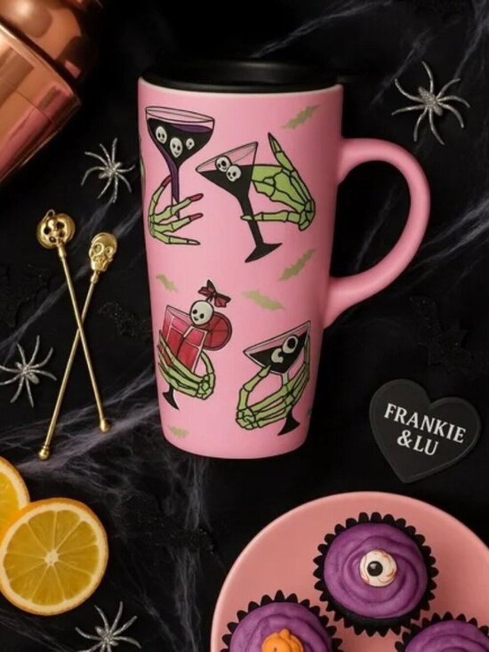 Pink Halloween Travel Mug Skeleton Martini Pastel Goth Matte Handle Lid NWT